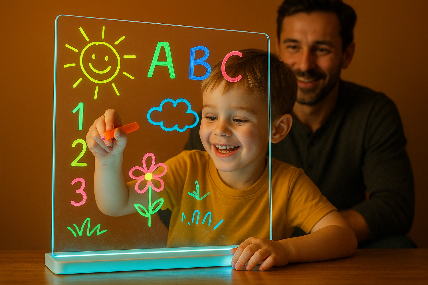 Va bene il tema dell'immagine ma la Lavagna deve essere in plexiglass trasparente, i pennarelli fluo e con lo sfondo arancione +base di supporto LED luminosa sotto